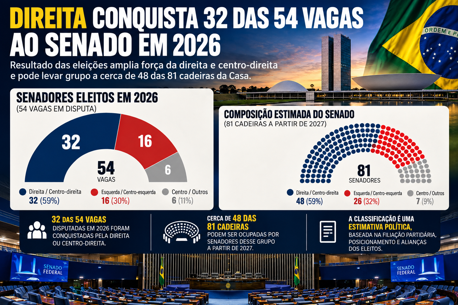 Direita conquista cerca de 32 das 54 vagas ao Senado e amplia força no Congresso